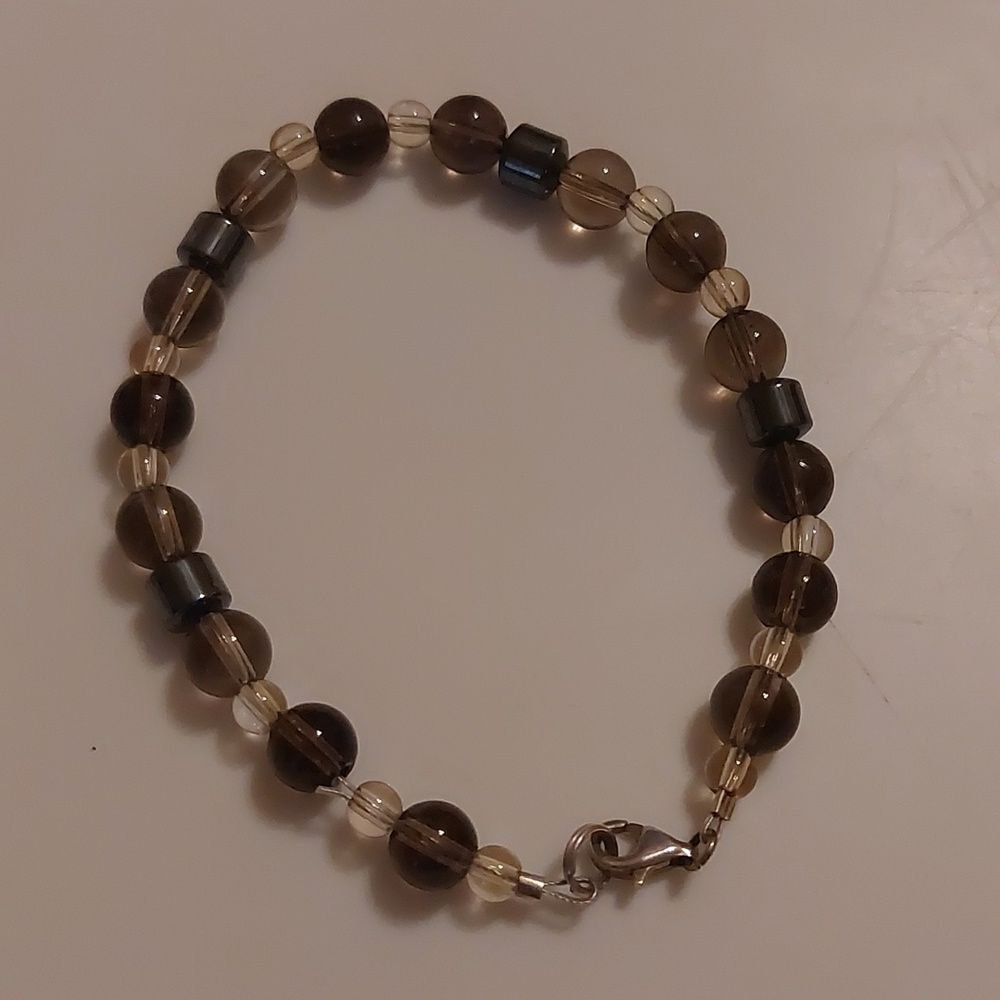 Clear and Smoky Glass w/ Hematite Beads Beaded Wire Bracelet 925 Sterling Clasp